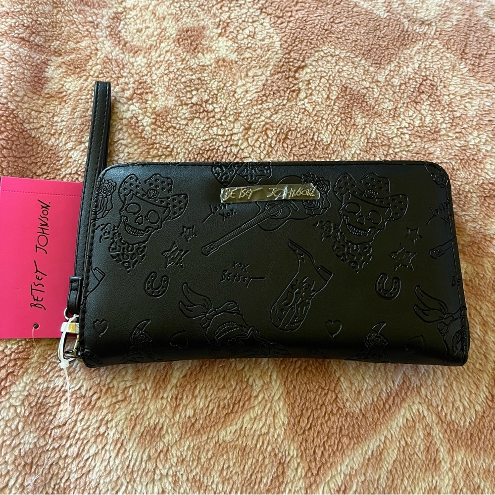 Betsey Johnson Black Embossed Skull Wristlet